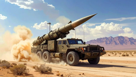 3D rendering of a long range ballistic missile in the desert.の素材
