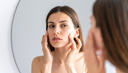 Young woman with acne problem looking in the mirror. Skin care conceptの素材