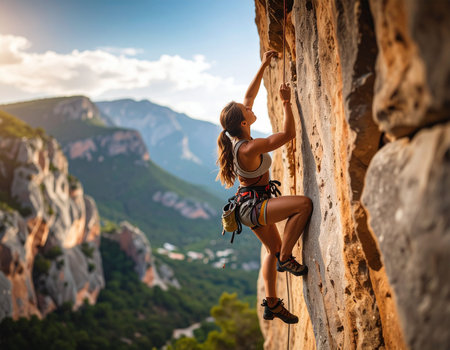 A woman climbs the rock. Climbing in the mountains. Active lifestyle.の素材
