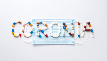 Text COVID-19 made of pills and medical mask on white backgroundの素材
