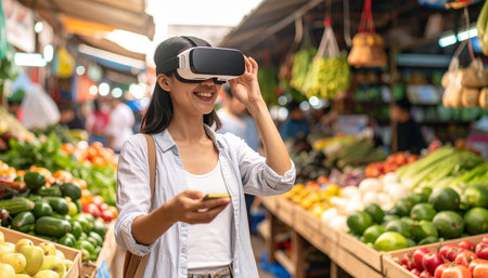 Young asian woman wearing virtual reality goggles and using smartphone at a marketの素材