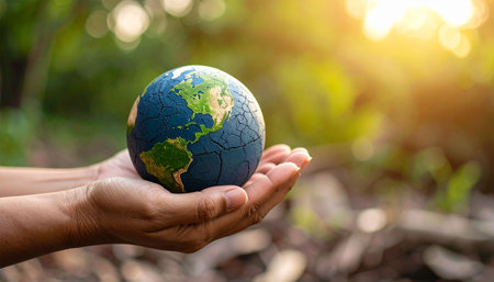 Human hands holding Earth globe on blurred nature background. Save earth concept.の素材