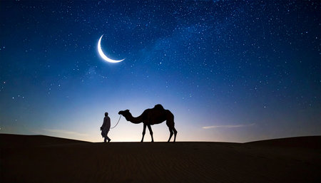 Silhouette of a man and a camel in the desert at nightの素材
