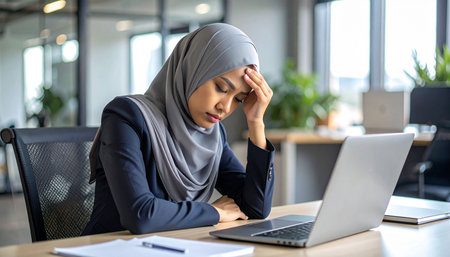 Portrait of young muslim businesswoman suffering from headache while working on laptop in officeの素材