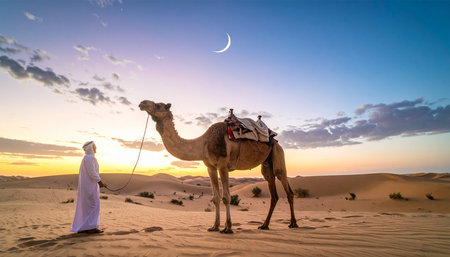 Arabian man and camel in the Sahara desert at sunset, Moroccoの素材