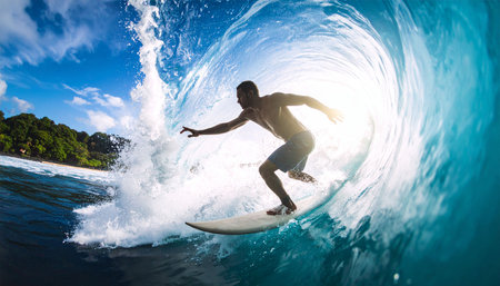 Surfer riding big ocean wave on sunny day. Bali island.の素材