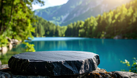 Empty black stone table top on mountain lake background. For product displayの素材