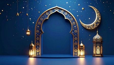 Ramadan Kareem background with golden lanterns and crescent moonの素材