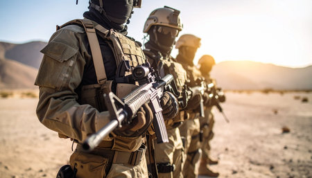 United States Navy special forces soldiers with assault rifle in the desert.の素材