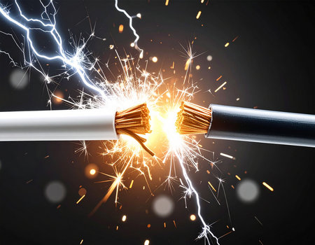 Close up of electric cable with sparks flying in the air on black backgroundの素材
