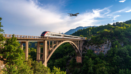 Panoramic view of a modern high-speed train passing under a bridge in the mountainsの素材