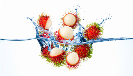 Fresh rambutan falling into water with splash isolated on white backgroundの素材