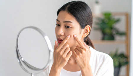 Young Asian woman applying cream on her face in front of a mirrorの素材