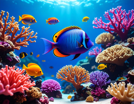 Underwater scene with coral reef and fish. 3d illustration.の素材