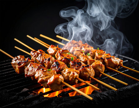 Grilled meat on skewers with smoke on a black background.の素材