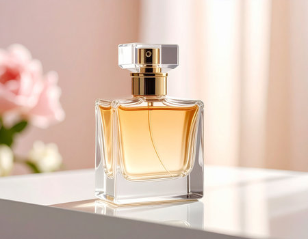 Perfume bottle on table, closeup. Luxury fragranceの素材