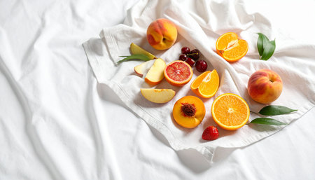 Fresh fruits on bed, top view with space for text. Healthy breakfastの素材