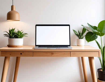 Laptop with blank screen on wooden table. Workplace concept.の素材