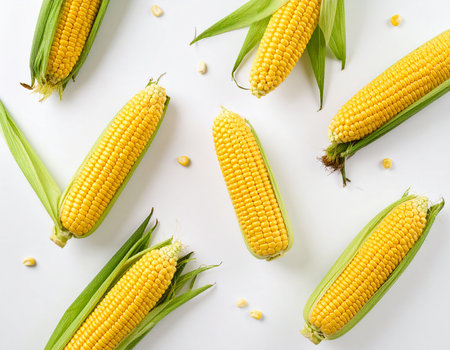 Fresh corn on the cob on white background. Flat lay, top viewの素材