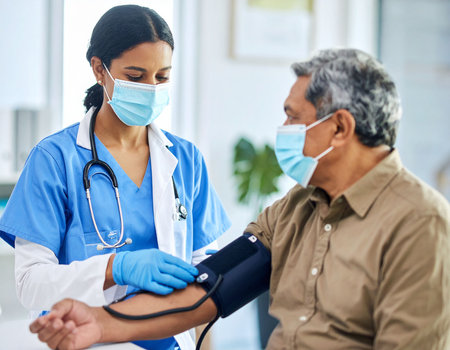 doctor measuring blood pressure of senior man in hospital office during pandemicの素材