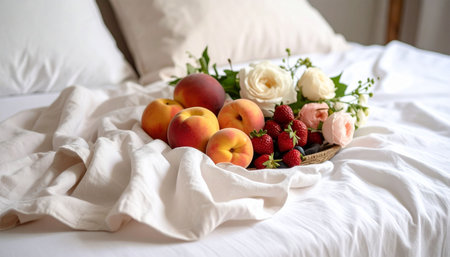 Basket with peaches, strawberries and flowers on the bed.の素材