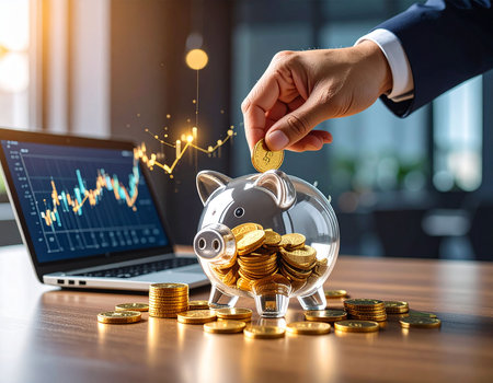Businessman hand putting coin into piggy bank for saving money.の素材