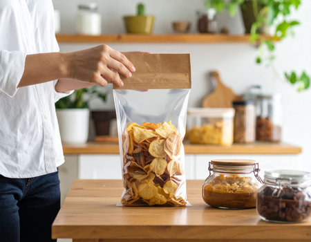 cropped shot of woman holding plastic bag with potato chips in kitchenの素材