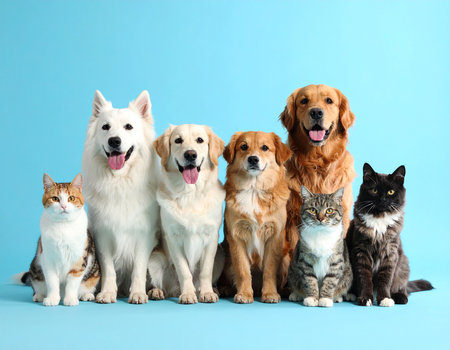 Group of dogs and cats on color background. Different breeds of dogsの素材