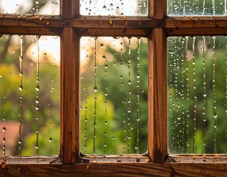 Raindrops streak down a wooden windowpane offering a blurred view of lush greenery outside evoking a cozy and peaceful atmosphere Ideal for illustrating weather or home conceptsの素材
