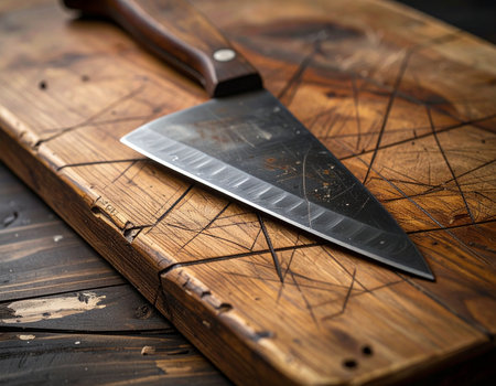 A well-used kitchen knife rests on a rustic wooden cutting board showing signs of extensive use Ideal for culinary or food-related content.の素材