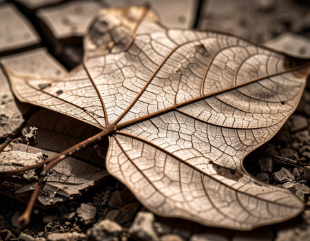 A detailed view of a decaying leaf resting on parched, broken ground evokes a sense of autumn and fragility Ideal for environmental themes and texturesの素材