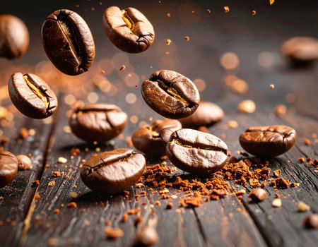 Roasted coffee beans are scattered and falling onto a dark wood surface with ground coffee creating a rich, aromatic scene Perfect for cafe menus and beverage advertisingの素材