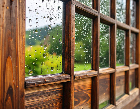Raindrops streak across a wooden windowpane offering a view of a lush green forest This cozy scene evokes feelings of peace and tranquility Ideal for illustrating weather or home conceptsの素材