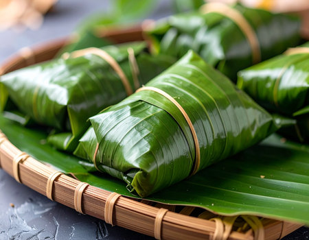 Traditional Southeast Asian cuisine features savory snacks wrapped in vibrant green banana leaves Perfect for food blogs and cultural presentationsの素材