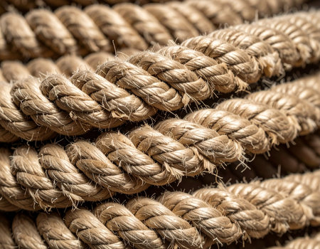 Close-up of tightly wound jute rope creates a rustic and textured surface Ideal for nautical or industrial design projects.の素材