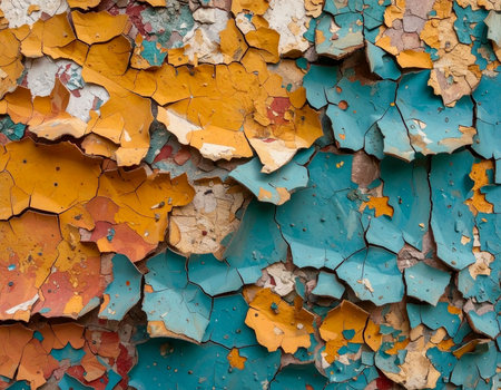 Close-up of weathered paint layers on a wall showing peeling textures and vibrant colors Ideal for background or texture design.の素材