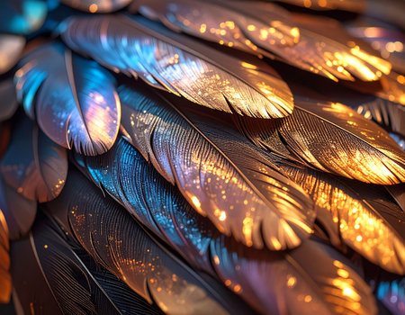 Detailed bird plumage displays shimmering golden and blue tones creating a captivating texture Ideal for nature and wildlife designs.の素材