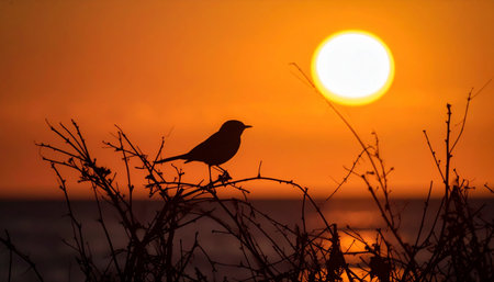 A solitary bird perches on a branch against a vibrant sunset over the ocean creating a peaceful atmosphere Ideal for nature and wildlife themes.の素材