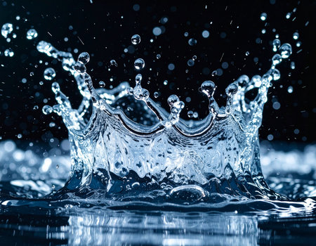Dynamic water splash forms a crown shape with droplets suspended in air against a dark background Ideal for illustrating freshness and energy.の素材