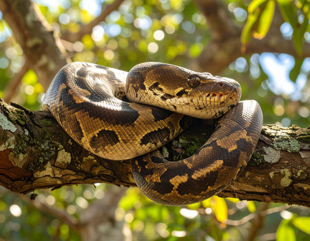 A large boa constrictor coils around a mossy tree branch in a lush forest setting. Ideal for wildlife and reptile illustrations.の素材
