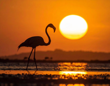 A solitary flamingo stands in shallow water during a vibrant sunset creating a peaceful and serene atmosphere Ideal for nature and wildlife themes.の素材