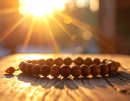 Warm sunlight illuminates a string of carved wooden beads resting on a rustic surface evoking peace and mindfulness Ideal for wellness and spiritual content.の素材