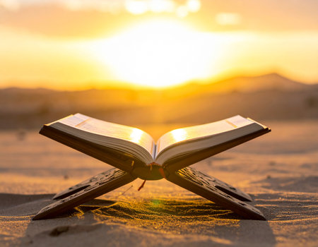 An open book rests on sand during a warm sunset creating a peaceful and reflective mood Ideal for book covers and relaxation themesの素材
