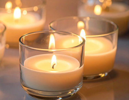 Warmly lit candles create a peaceful and inviting atmosphere perfect for relaxation and home decor.の素材