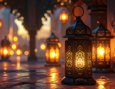 Golden lanterns glow softly creating a peaceful and inviting atmosphere Ideal for festive or cultural themes.の素材