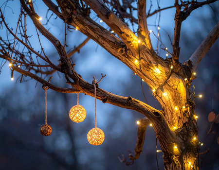 Festive tree branches glow with soft lights against a twilight sky creating a cozy winter atmosphere Ideal for holiday and seasonal themesの素材