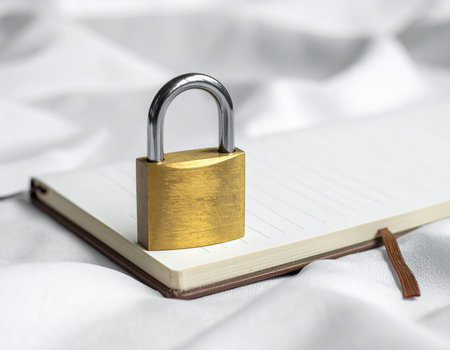 A golden padlock rests on an open notebook with lined pages suggesting privacy and security Ideal for concepts of data protection and journaling.の素材