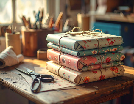 Colorful wrapped presents sit stacked on a rustic wooden surface with scissors and paper nearby Ideal for gift giving and celebration themesの素材