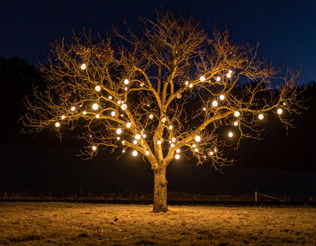 A solitary tree glows warmly with string lights against a dark night sky creating a peaceful atmosphere Ideal for seasonal or festive imagery.の素材