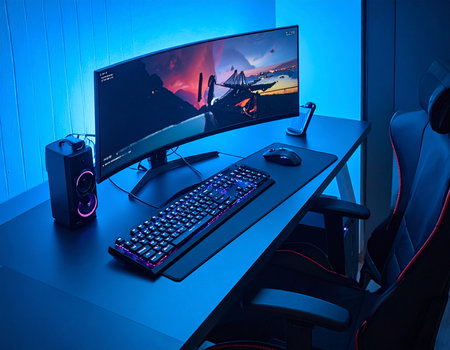 Modern gaming station features a curved monitor, illuminated keyboard, and comfortable chair creating an immersive experience Ideal for gaming and streaming content.の素材